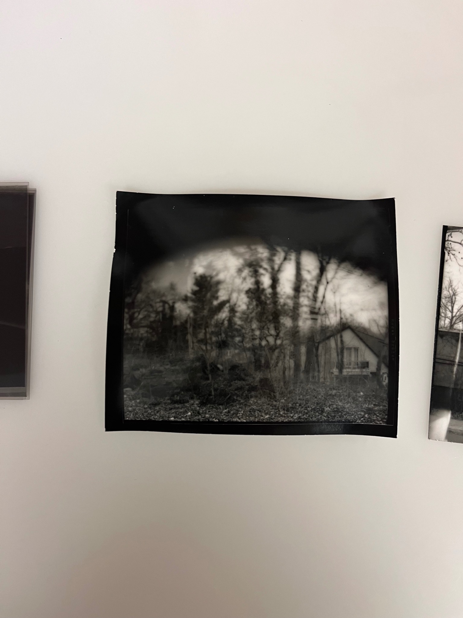 Black-and-white photograph of a house among bare trees, with soft focus above the tree line.
